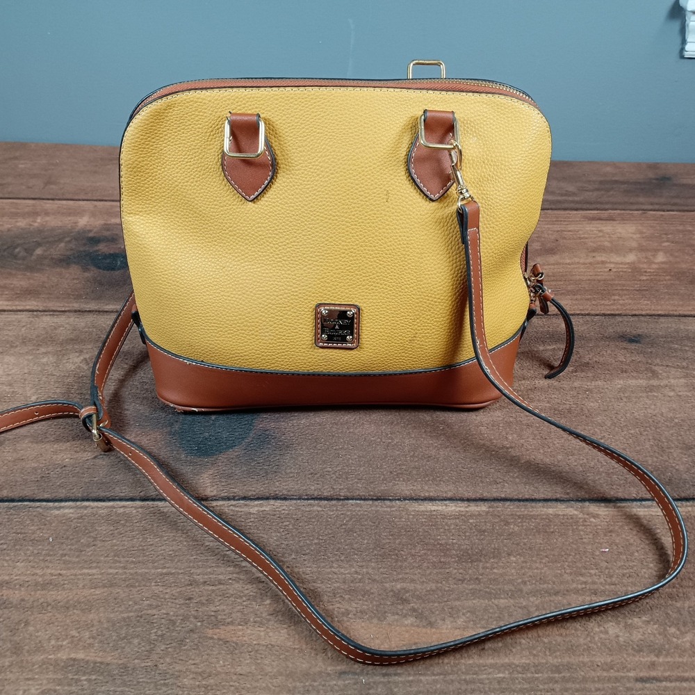 Dooney & Bourke Dome Satchel Bag Womens Medium Yellow Brown Good Pebbled Leather